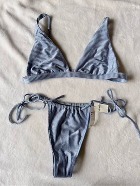 aerie Ribbed Triangle Bikini Set - Steel Blue